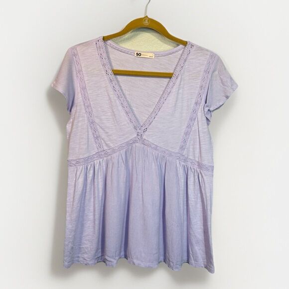 So Top Babydoll Women L Lavender Lace Knit Stretch Flowy Y2K Whimsy Romantic NEW - Picture 1 of 10